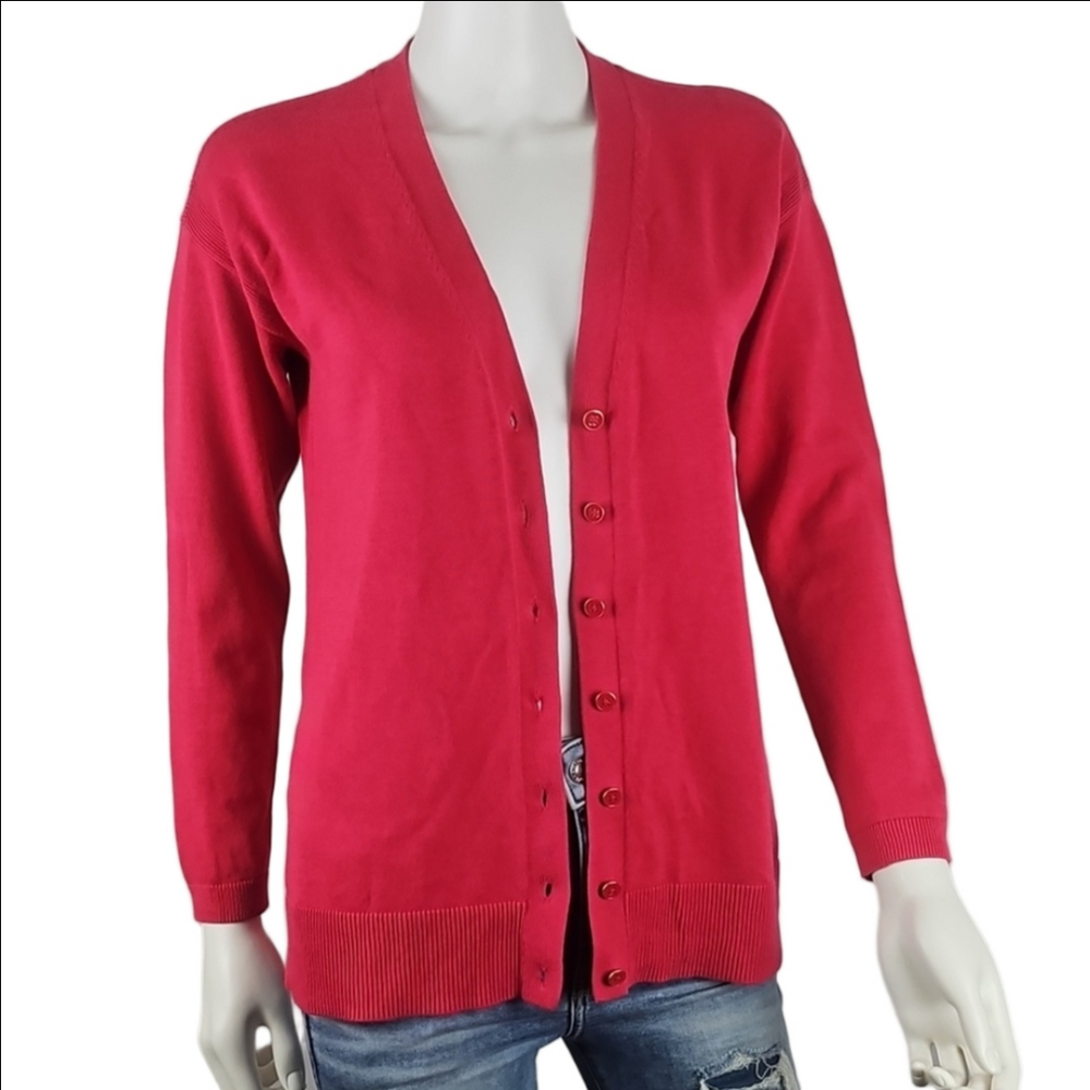 Talbots Cotton Rayon Knit Raspberry Pink Button Down V Neck Cardigan Sweater